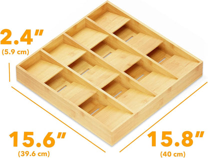 Bamboo Silverware Drawer Organizer with Labels, Kitchen Utensil Tray Holder Organizer for Flatware, Cutlery, Spoon and Knives Drawer Storage Organization (Natural, 6 Slots)