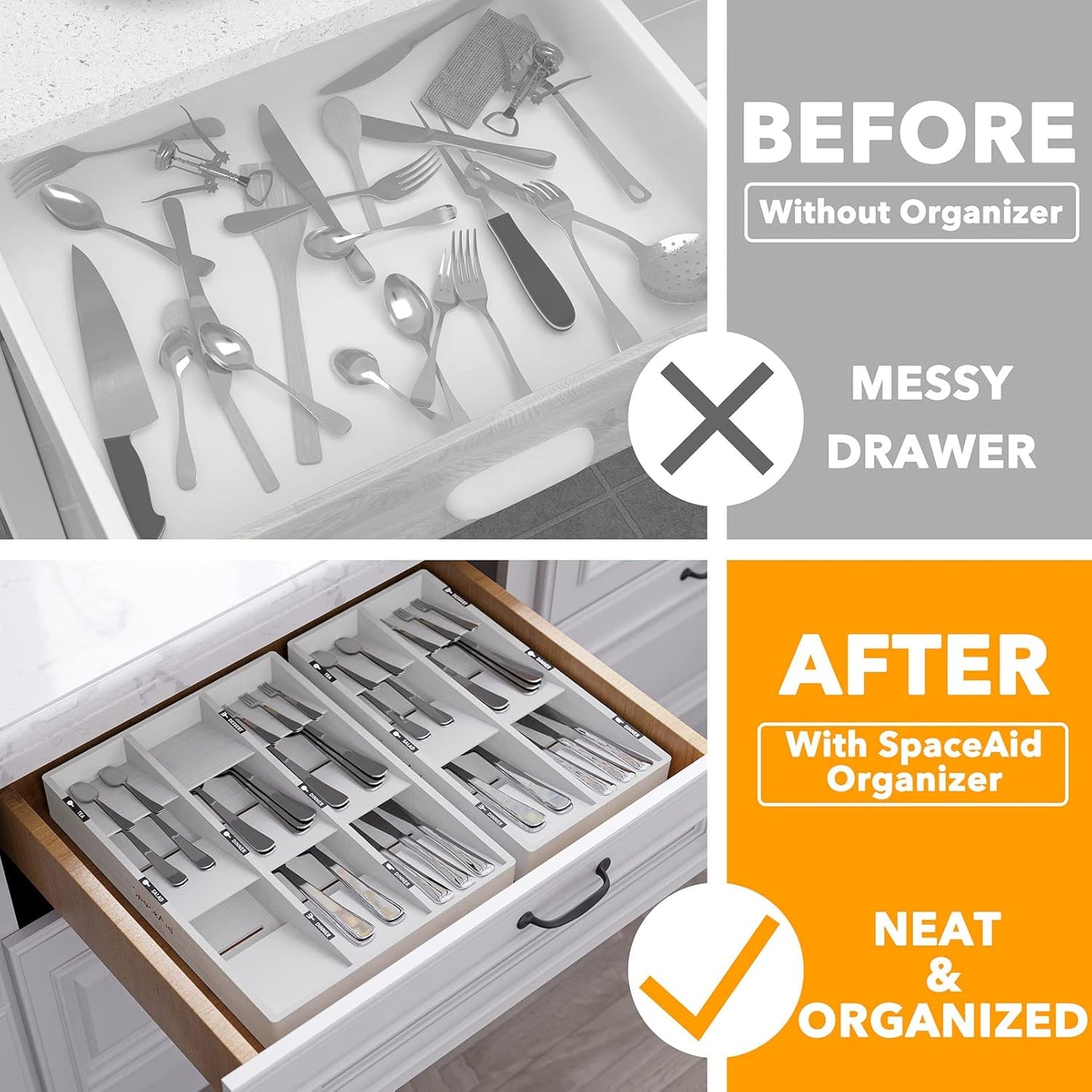 Bamboo Silverware Drawer Organizer with Labels, Kitchen Utensil Tray Holder Organizer for Flatware, Cutlery, Spoon and Knives Drawer Storage Organization (Natural, 6 Slots)