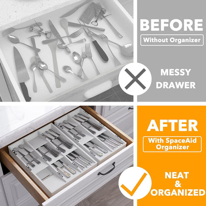 Bamboo Silverware Drawer Organizer with Labels, Kitchen Utensil Tray Holder Organizer for Flatware, Cutlery, Spoon and Knives Drawer Storage Organization (Natural, 6 Slots)
