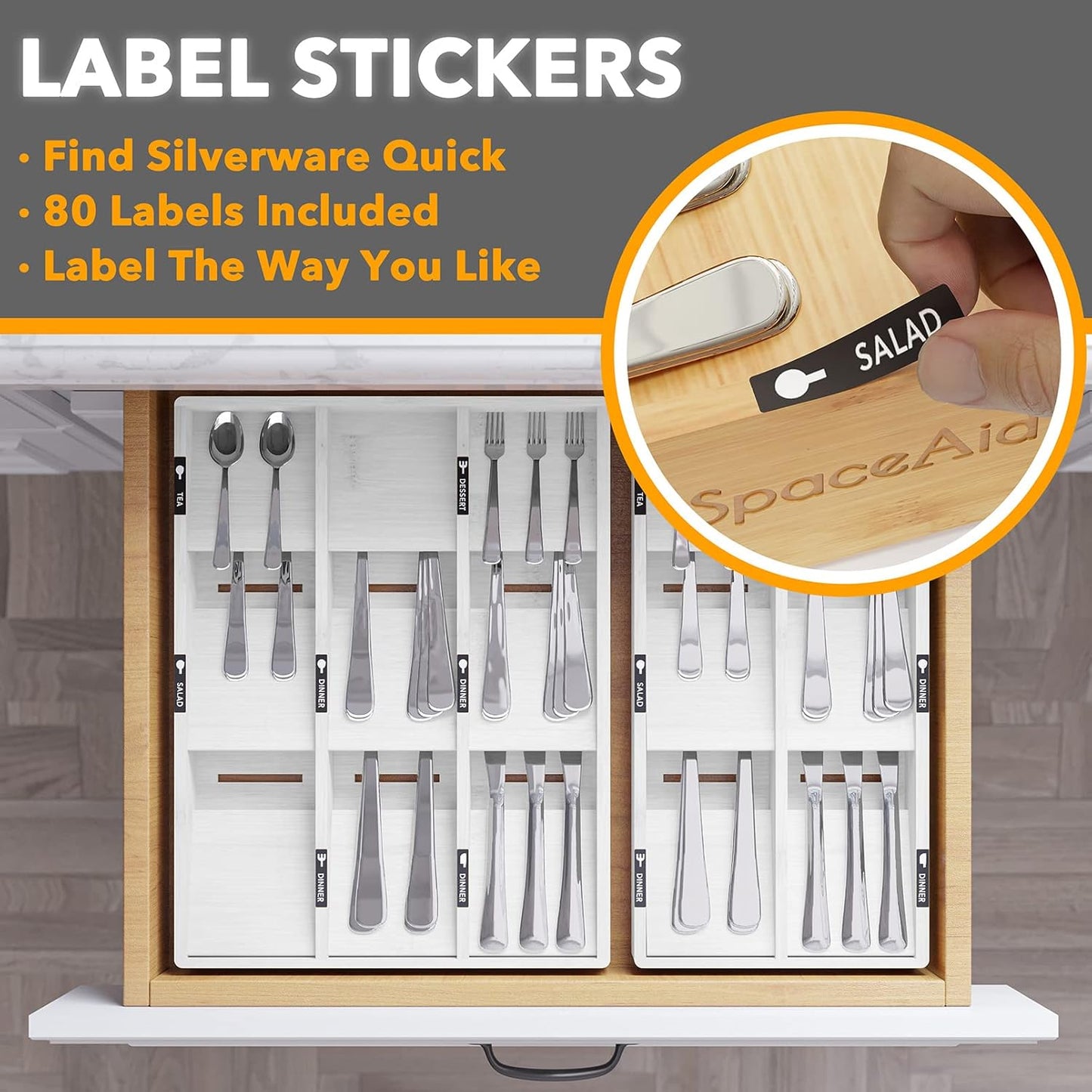 Bamboo Silverware Drawer Organizer with Labels, Kitchen Utensil Tray Holder Organizer for Flatware, Cutlery, Spoon and Knives Drawer Storage Organization (Natural, 6 Slots)