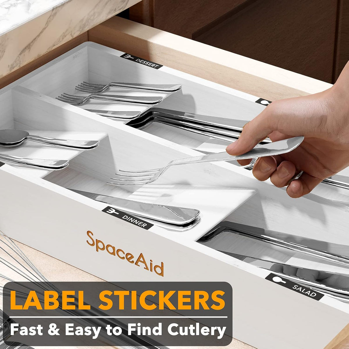 Bamboo Silverware Drawer Organizer with Labels, Kitchen Utensil Tray Holder Organizer for Flatware, Cutlery, Spoon and Knives Drawer Storage Organization (Natural, 6 Slots)