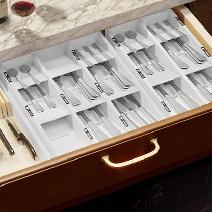Bamboo Silverware Drawer Organizer with Labels, Kitchen Utensil Tray Holder Organizer for Flatware, Cutlery, Spoon and Knives Drawer Storage Organization (Natural, 6 Slots)