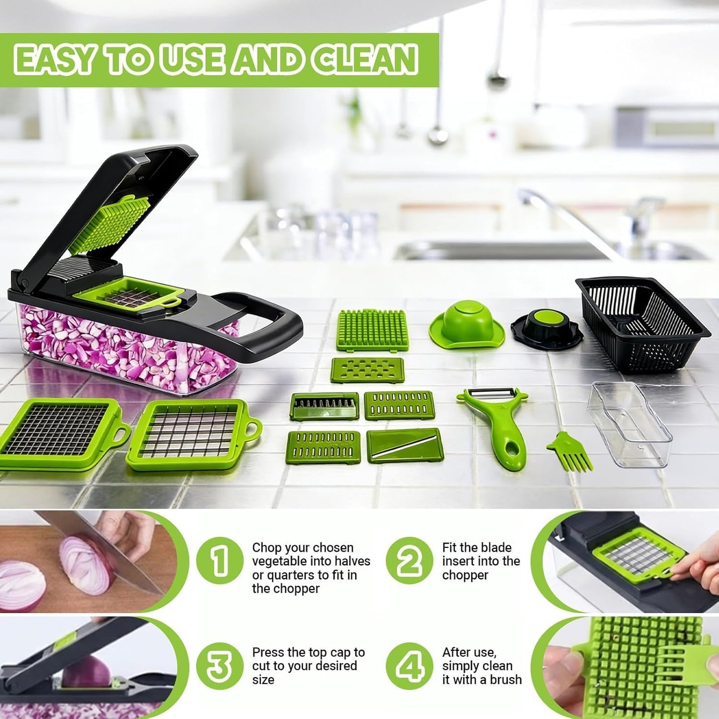 16 in 1 Vegetable Chopper and Food Chopper with Container, Onion Slicer Cutter Dicer, Veggie Cutter with 7 Blades for Carrot Salad Garlic Potato (Design 2)