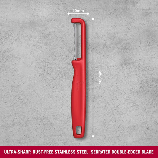 Iota Peeler for Vegetables Fruits, Serrated Edge,Swiss Made, Red | Lightweight and durable vegetable peeler with extra sharp serrated blade, dishwasher safe