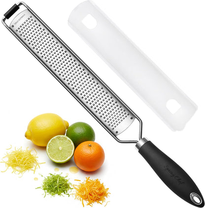 Stainless Steel Lemon Zester - Garlic & Ginger Grater - Black | Premium Zester with Rustproof Blade, Cheese Grater with Handle for Parmesan, Nutmeg, Lime - Durable Citrus Zester, Fine Shred
