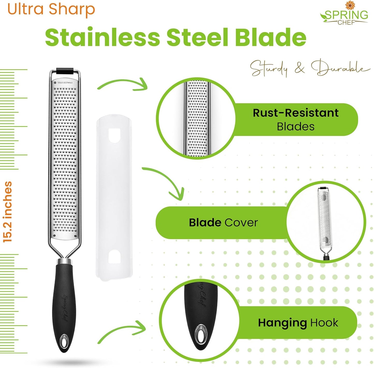 Stainless Steel Lemon Zester - Garlic & Ginger Grater - Black | Premium Zester with Rustproof Blade, Cheese Grater with Handle for Parmesan, Nutmeg, Lime - Durable Citrus Zester, Fine Shred