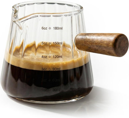 6oz Espresso Shot Cups, Glass Measuring Cup, Coffee Bar Accessories | Perfect Double Shot Espresso, Heat Resistant Borosilicate Glass, Wood Handle, V-Shaped Spout, Ribbed Milk Frothing Pitcher