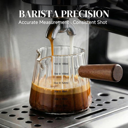 6oz Espresso Shot Cups, Glass Measuring Cup, Coffee Bar Accessories | Perfect Double Shot Espresso, Heat Resistant Borosilicate Glass, Wood Handle, V-Shaped Spout, Ribbed Milk Frothing Pitcher
