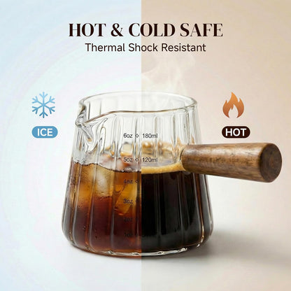 6oz Espresso Shot Cups, Glass Measuring Cup, Coffee Bar Accessories | Perfect Double Shot Espresso, Heat Resistant Borosilicate Glass, Wood Handle, V-Shaped Spout, Ribbed Milk Frothing Pitcher