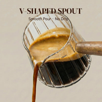 6oz Espresso Shot Cups, Glass Measuring Cup, Coffee Bar Accessories | Perfect Double Shot Espresso, Heat Resistant Borosilicate Glass, Wood Handle, V-Shaped Spout, Ribbed Milk Frothing Pitcher