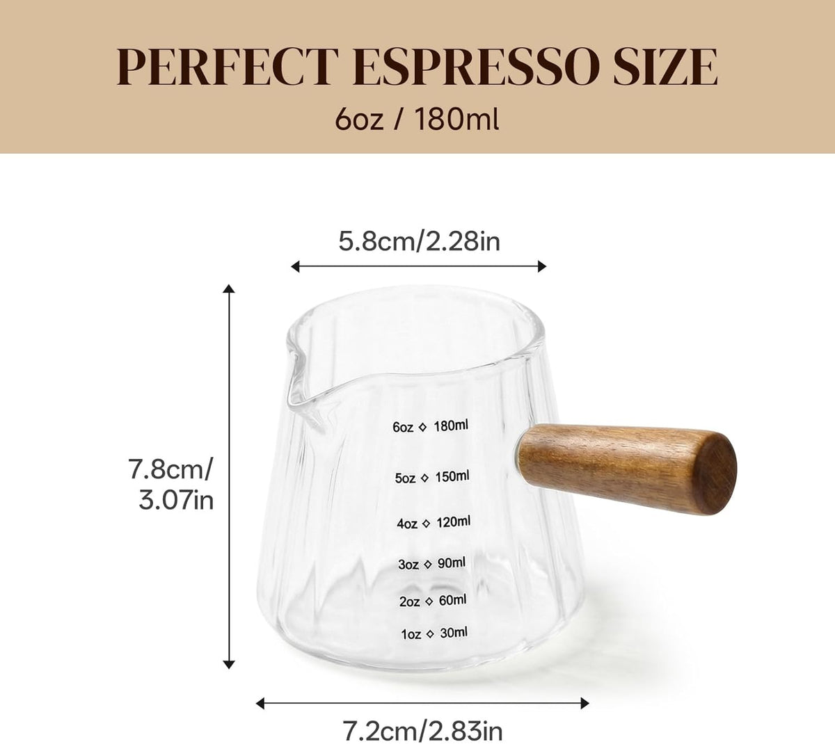6oz Espresso Shot Cups, Glass Measuring Cup, Coffee Bar Accessories | Perfect Double Shot Espresso, Heat Resistant Borosilicate Glass, Wood Handle, V-Shaped Spout, Ribbed Milk Frothing Pitcher