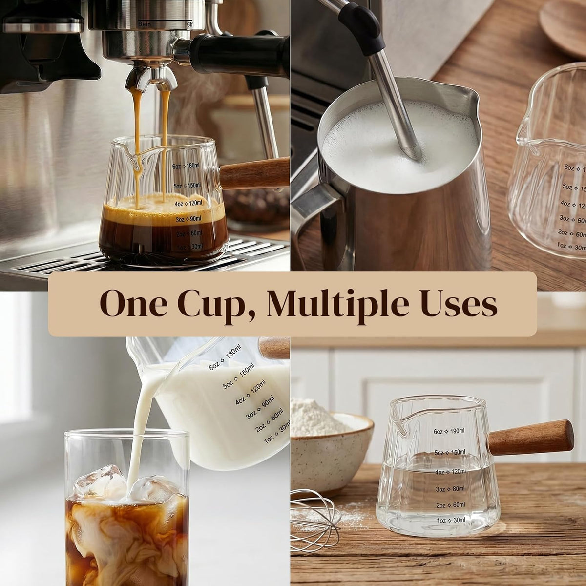 6oz Espresso Shot Cups, Glass Measuring Cup, Coffee Bar Accessories | Perfect Double Shot Espresso, Heat Resistant Borosilicate Glass, Wood Handle, V-Shaped Spout, Ribbed Milk Frothing Pitcher