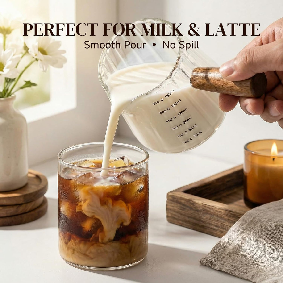 6oz Espresso Shot Cups, Glass Measuring Cup, Coffee Bar Accessories | Perfect Double Shot Espresso, Heat Resistant Borosilicate Glass, Wood Handle, V-Shaped Spout, Ribbed Milk Frothing Pitcher