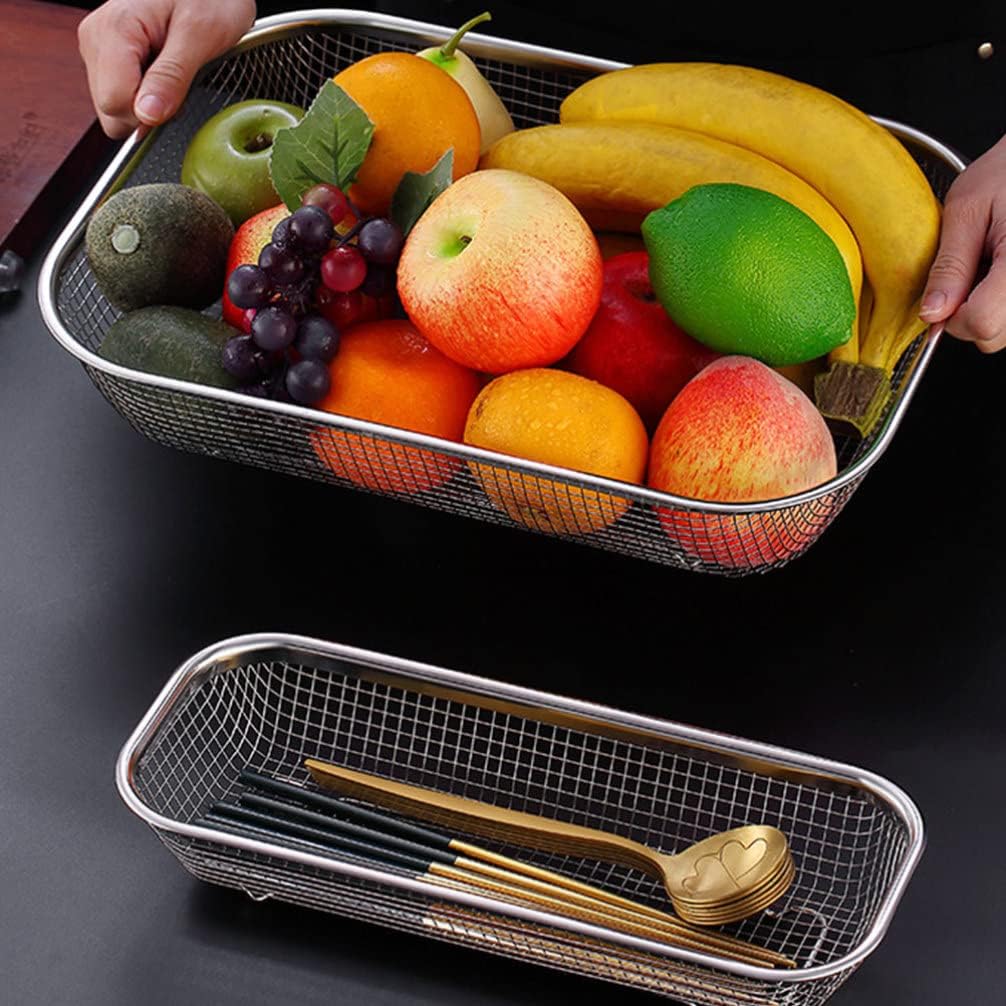 Multi-Function Mesh Strainer Basket Stainless Steel Fruit Strainer and Vegetable Washing Colander Rectangular Draining Basket for Kitchen 14.56 X 10.62 X 2.95 in