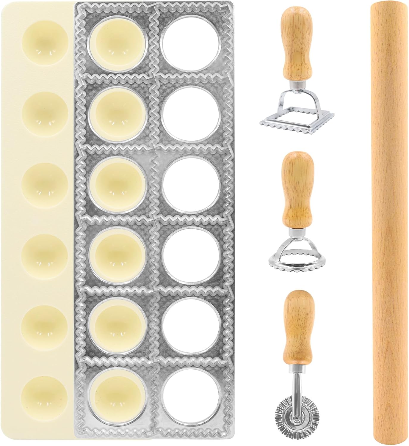 8in1 Ravioli Gnocchi Pasta Dumpling Noodle Maker Cutter Press Mold Stamp - Pasta Manual Accessories Homemade Essentials Making Tool Kit w/Silicone Pastry Mats, Wooden Dough Roller Rolling Pin