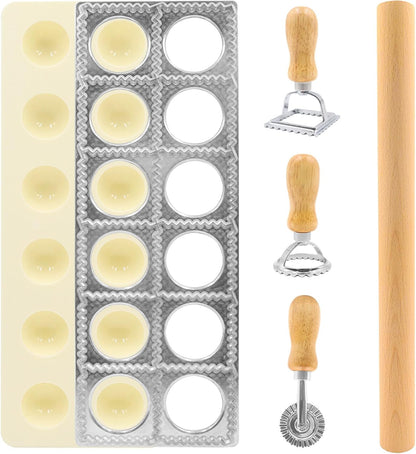 8in1 Ravioli Gnocchi Pasta Dumpling Noodle Maker Cutter Press Mold Stamp - Pasta Manual Accessories Homemade Essentials Making Tool Kit w/Silicone Pastry Mats, Wooden Dough Roller Rolling Pin