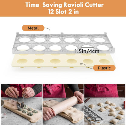 8in1 Ravioli Gnocchi Pasta Dumpling Noodle Maker Cutter Press Mold Stamp - Pasta Manual Accessories Homemade Essentials Making Tool Kit w/Silicone Pastry Mats, Wooden Dough Roller Rolling Pin