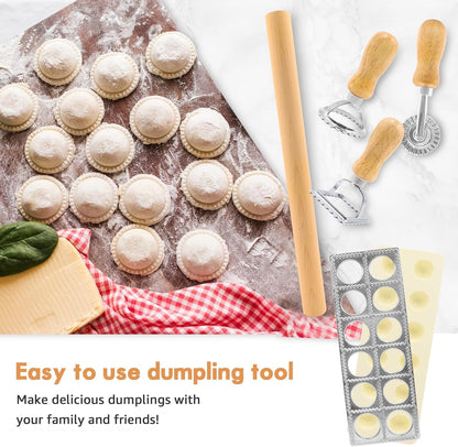 8in1 Ravioli Gnocchi Pasta Dumpling Noodle Maker Cutter Press Mold Stamp - Pasta Manual Accessories Homemade Essentials Making Tool Kit w/Silicone Pastry Mats, Wooden Dough Roller Rolling Pin