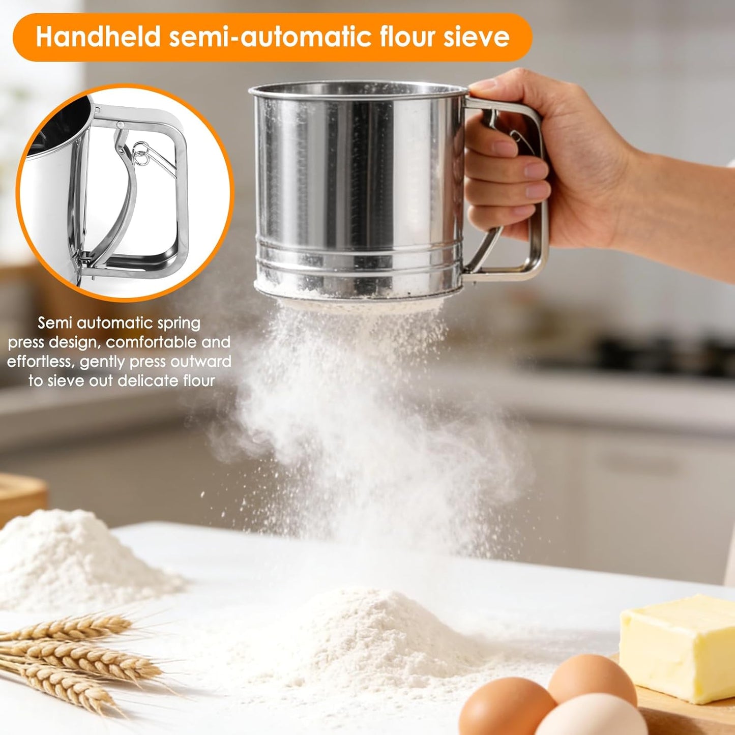 Flour Sifter for Baking, 3 Cup Double-layer Squeeze, Stainless Steel | 3 in 1 Flour Sieve Fine Mesh Sifter, Baking Sifter, Powdered Sugar Shaker Duster Set for Baking Cakes, Pastries, Desserts
