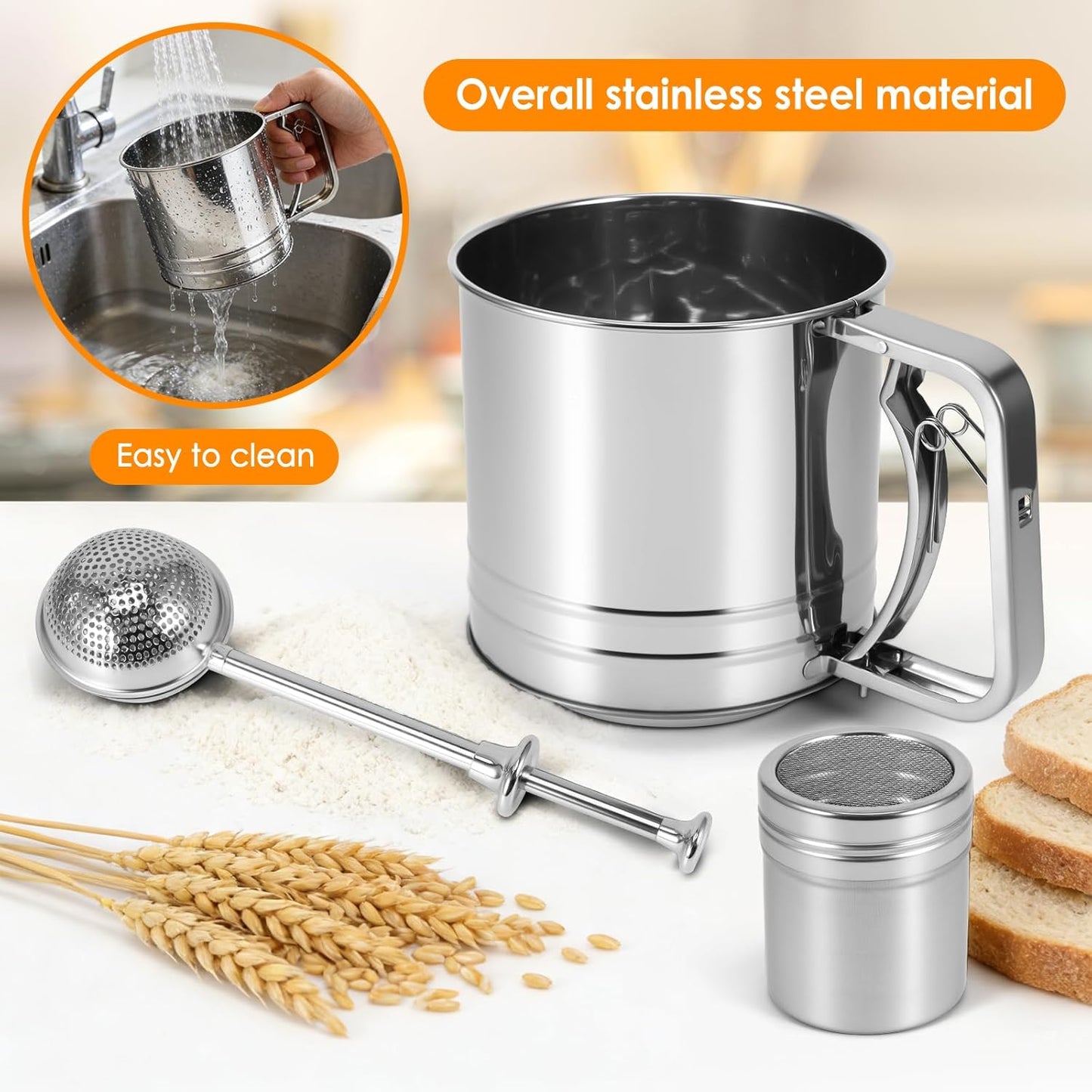 Flour Sifter for Baking, 3 Cup Double-layer Squeeze, Stainless Steel | 3 in 1 Flour Sieve Fine Mesh Sifter, Baking Sifter, Powdered Sugar Shaker Duster Set for Baking Cakes, Pastries, Desserts