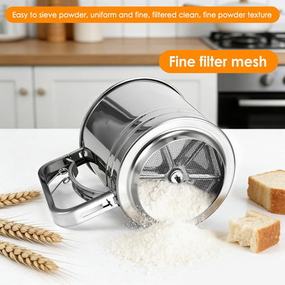 Flour Sifter for Baking, 3 Cup Double-layer Squeeze, Stainless Steel | 3 in 1 Flour Sieve Fine Mesh Sifter, Baking Sifter, Powdered Sugar Shaker Duster Set for Baking Cakes, Pastries, Desserts