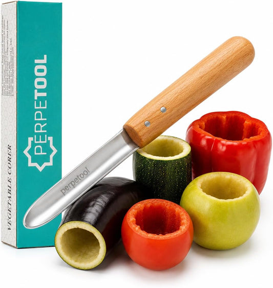 Vegetable Corer Tool, Zucchini & Eggplant Corer, Stainless Steel Blade | Stainless Steel vegetable corer tool with Wooden Handle for easy coring of zucchini, eggplant, kousa, squash, pepper