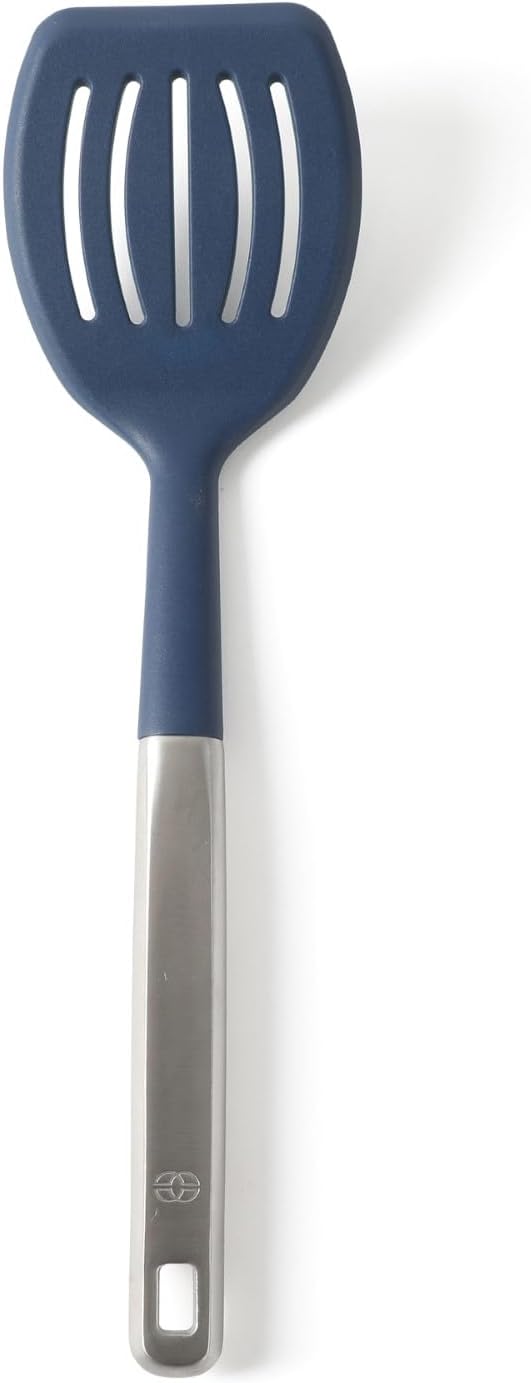 Prime Slotted Turner, Kitchen Flipping Spatula, Slotted Spatula with Silicone Head and Stainless Steel Handle, Heat Resistant Nonstick Cookware for Flipping and Draining (Navy Blue)