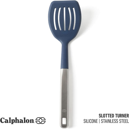Prime Slotted Turner, Kitchen Flipping Spatula, Slotted Spatula with Silicone Head and Stainless Steel Handle, Heat Resistant Nonstick Cookware for Flipping and Draining (Navy Blue)