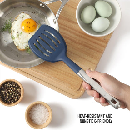Prime Slotted Turner, Kitchen Flipping Spatula, Slotted Spatula with Silicone Head and Stainless Steel Handle, Heat Resistant Nonstick Cookware for Flipping and Draining (Navy Blue)