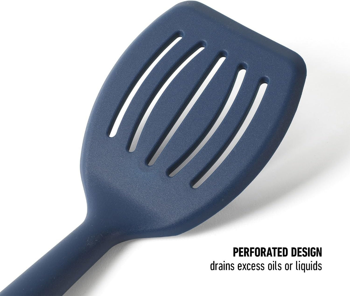 Prime Slotted Turner, Kitchen Flipping Spatula, Slotted Spatula with Silicone Head and Stainless Steel Handle, Heat Resistant Nonstick Cookware for Flipping and Draining (Navy Blue)