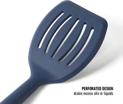 Prime Slotted Turner, Kitchen Flipping Spatula, Slotted Spatula with Silicone Head and Stainless Steel Handle, Heat Resistant Nonstick Cookware for Flipping and Draining (Navy Blue)