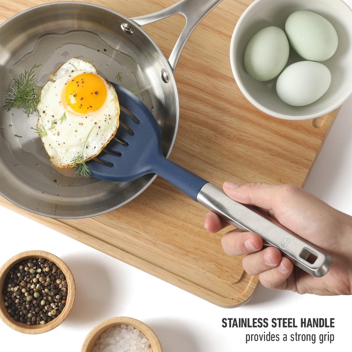 Prime Slotted Turner, Kitchen Flipping Spatula, Slotted Spatula with Silicone Head and Stainless Steel Handle, Heat Resistant Nonstick Cookware for Flipping and Draining (Navy Blue)