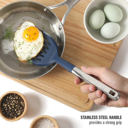 Prime Slotted Turner, Kitchen Flipping Spatula, Slotted Spatula with Silicone Head and Stainless Steel Handle, Heat Resistant Nonstick Cookware for Flipping and Draining (Navy Blue)