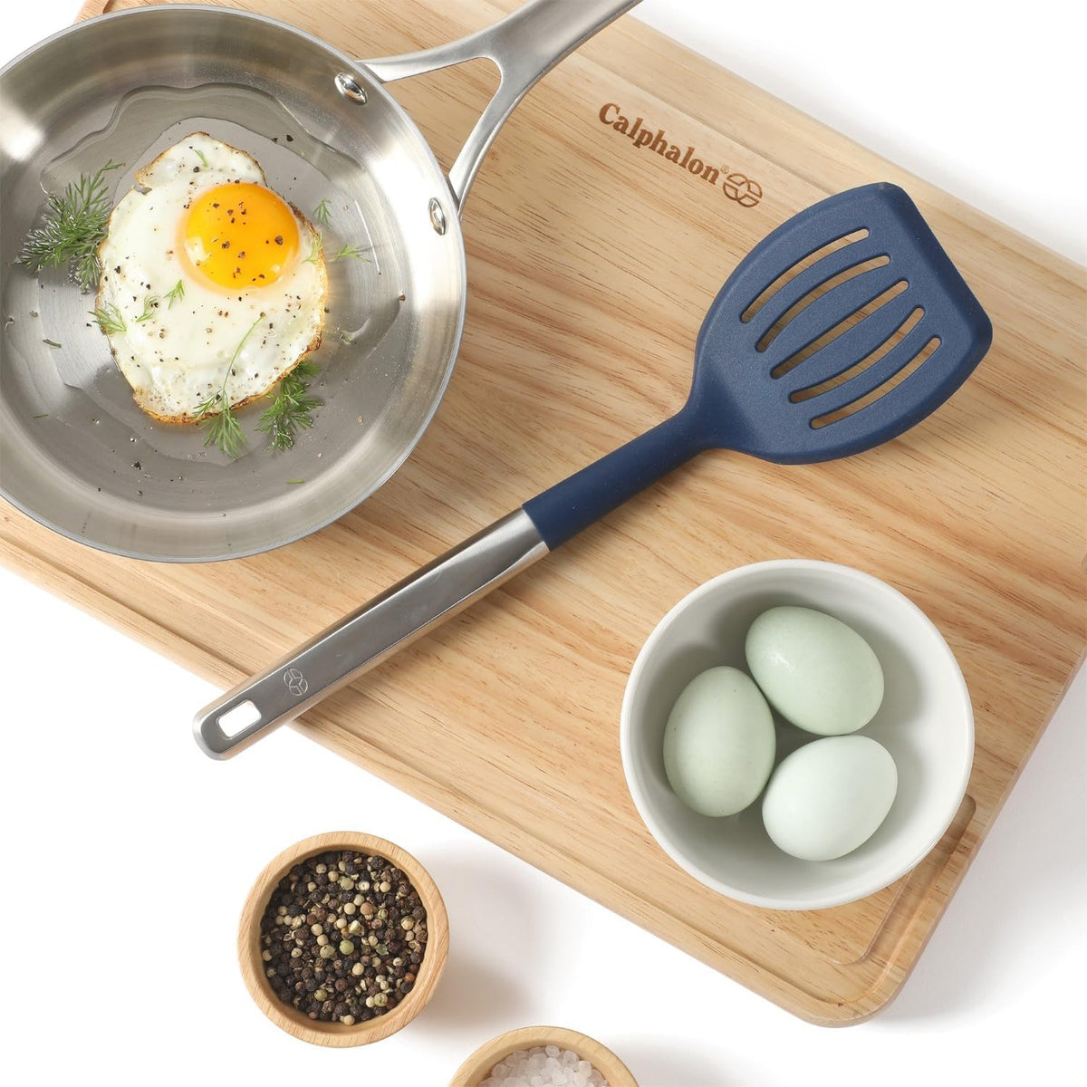 Prime Slotted Turner, Kitchen Flipping Spatula, Slotted Spatula with Silicone Head and Stainless Steel Handle, Heat Resistant Nonstick Cookware for Flipping and Draining (Navy Blue)