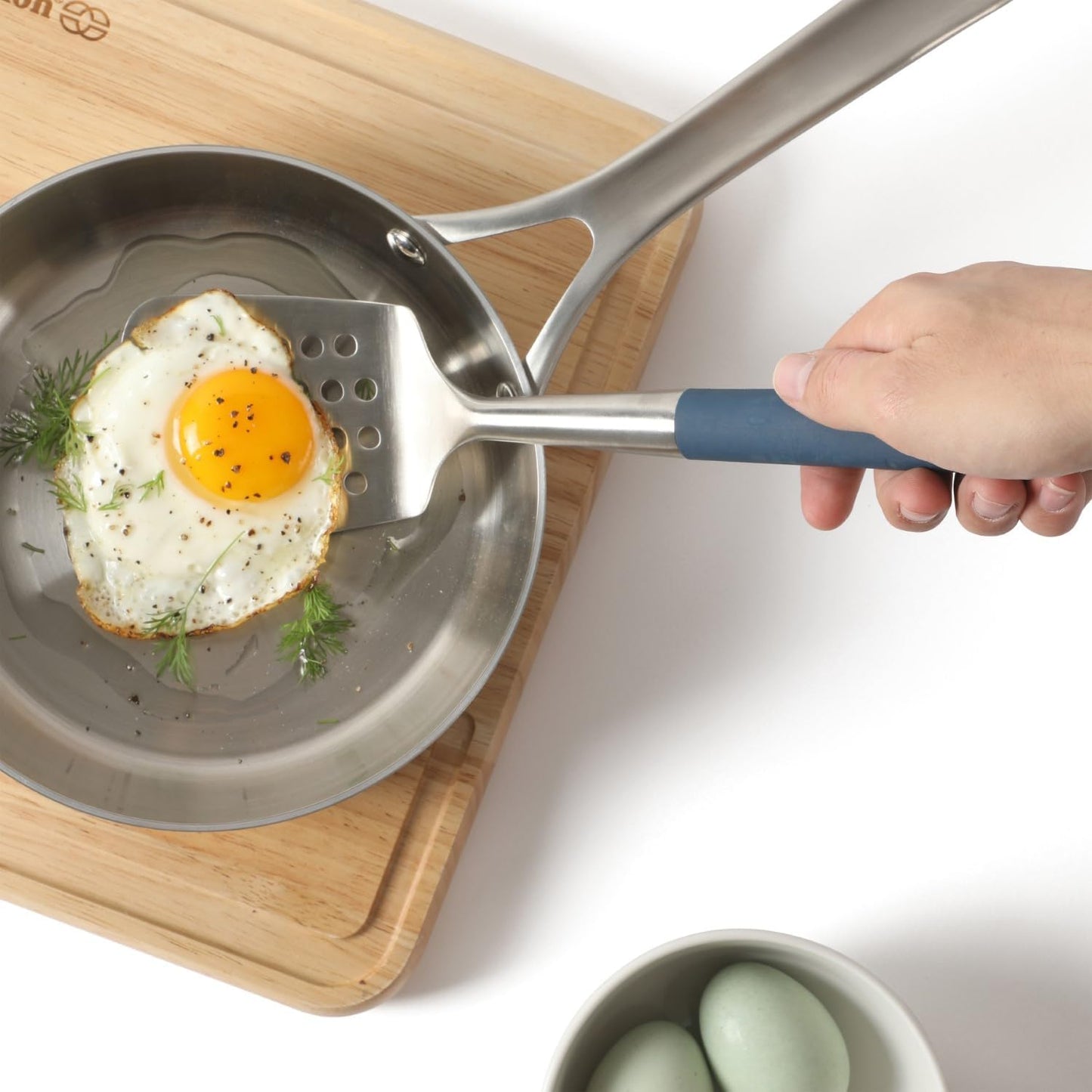 Prime Slotted Turner, Kitchen Flipping Spatula, Slotted Spatula with Silicone Head and Stainless Steel Handle, Heat Resistant Nonstick Cookware for Flipping and Draining (Navy Blue)