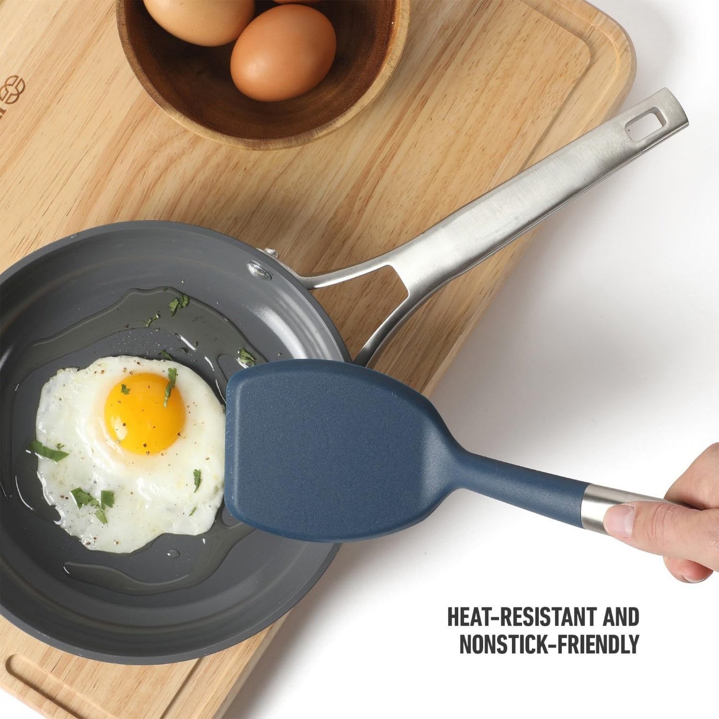 Prime Slotted Turner, Kitchen Flipping Spatula, Slotted Spatula with Silicone Head and Stainless Steel Handle, Heat Resistant Nonstick Cookware for Flipping and Draining (Navy Blue)