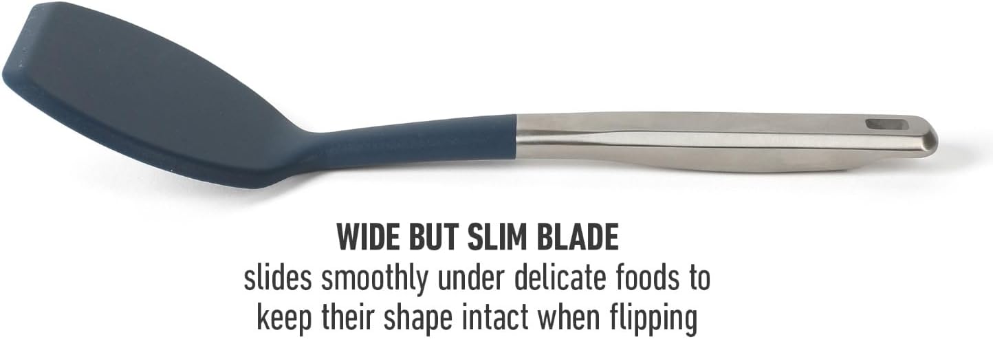 Prime Slotted Turner, Kitchen Flipping Spatula, Slotted Spatula with Silicone Head and Stainless Steel Handle, Heat Resistant Nonstick Cookware for Flipping and Draining (Navy Blue)