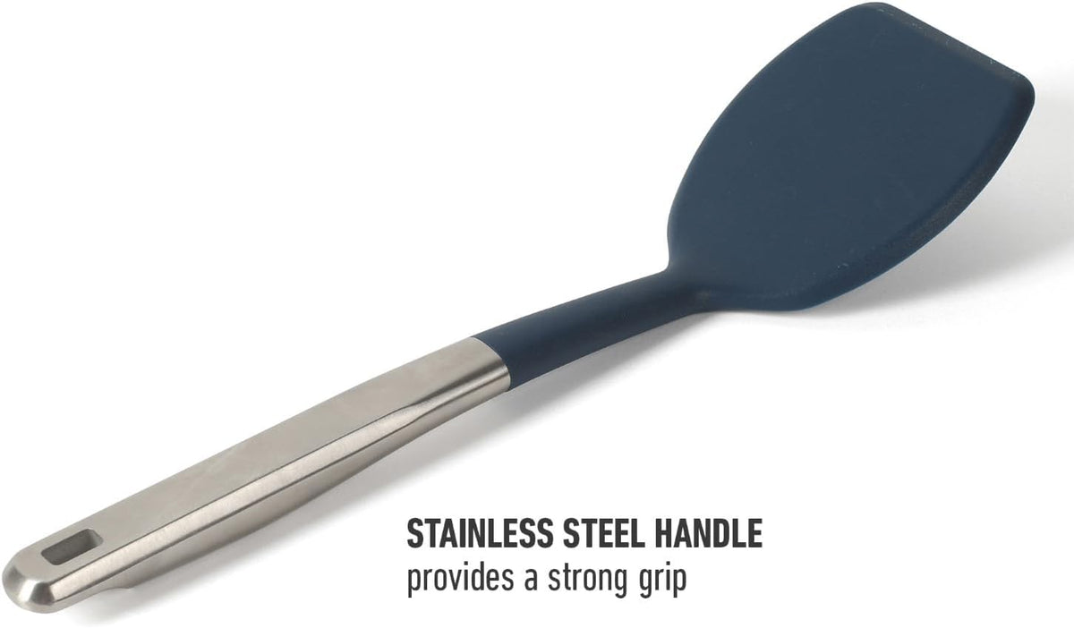 Prime Slotted Turner, Kitchen Flipping Spatula, Slotted Spatula with Silicone Head and Stainless Steel Handle, Heat Resistant Nonstick Cookware for Flipping and Draining (Navy Blue)