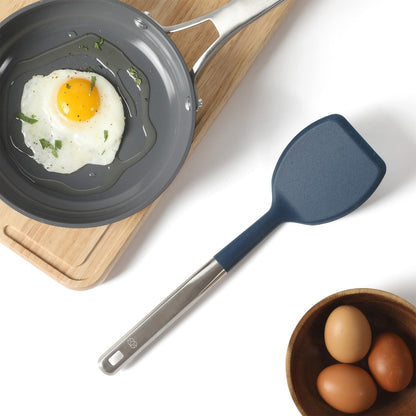 Prime Slotted Turner, Kitchen Flipping Spatula, Slotted Spatula with Silicone Head and Stainless Steel Handle, Heat Resistant Nonstick Cookware for Flipping and Draining (Navy Blue)