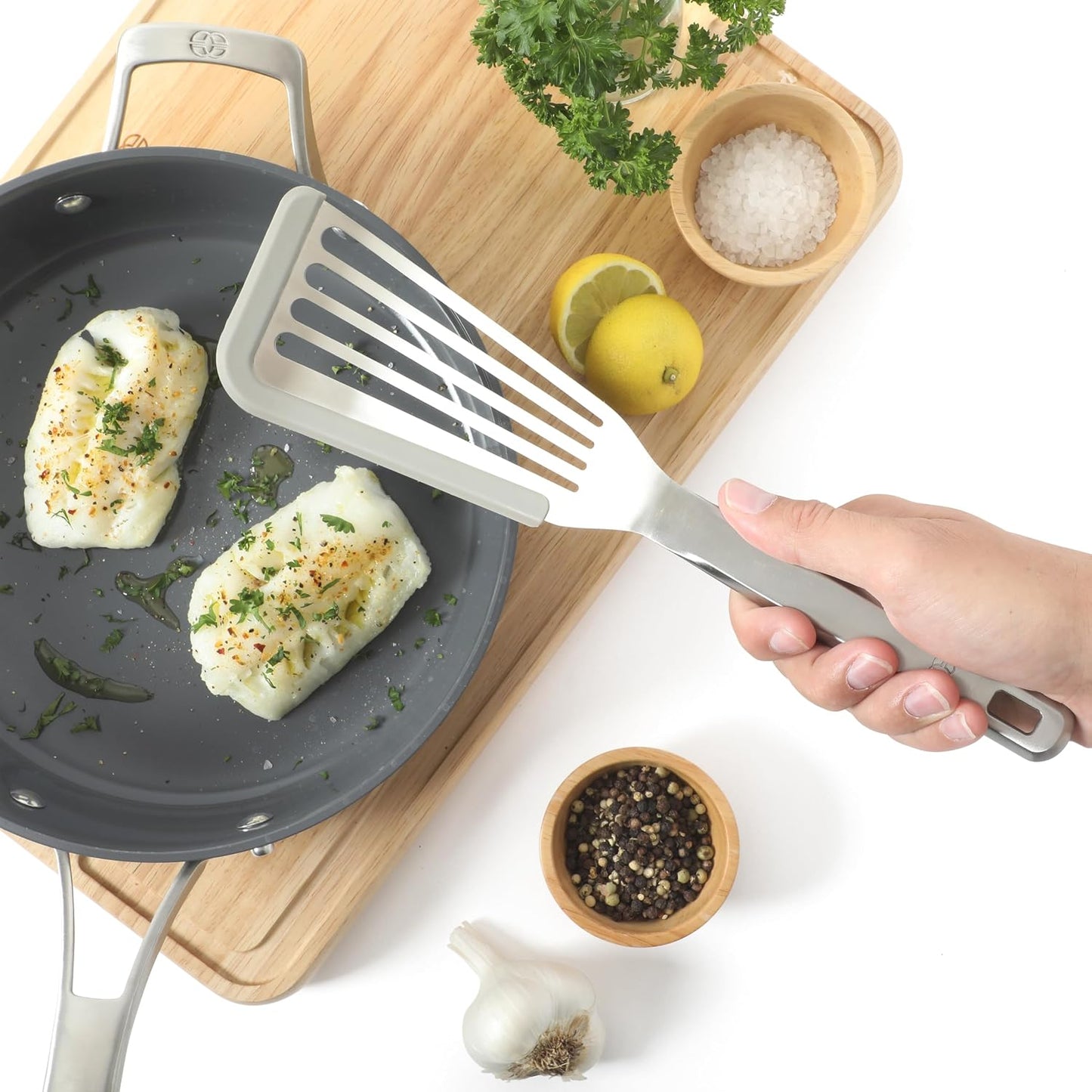 Prime Slotted Turner, Kitchen Flipping Spatula, Slotted Spatula with Silicone Head and Stainless Steel Handle, Heat Resistant Nonstick Cookware for Flipping and Draining (Navy Blue)