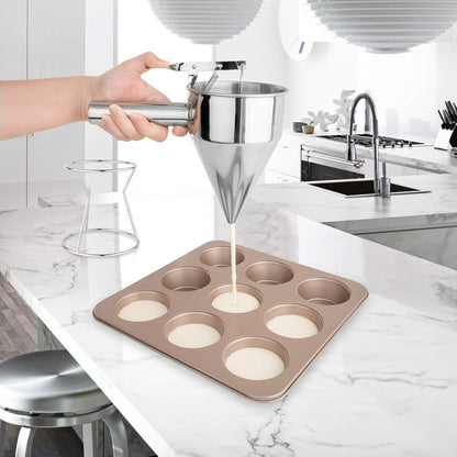 EgieMr Stainless Steel Pancake Batter Dispenser Funnels with Stand Great for Cupcakes, Takoyaki or Any Baked Goods