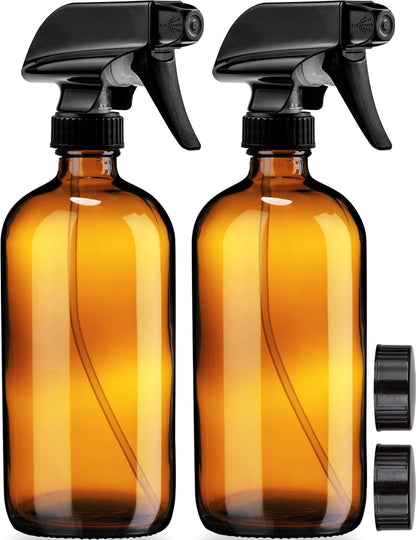 Empty Amber Glass Spray Bottles - 2 Pack - Large 16oz Refillable Bottle for is Great for Essential Oils, Plants, Cleaning Solutions, Hair - Durable Nozzle - Fine Mist/Stream Setting