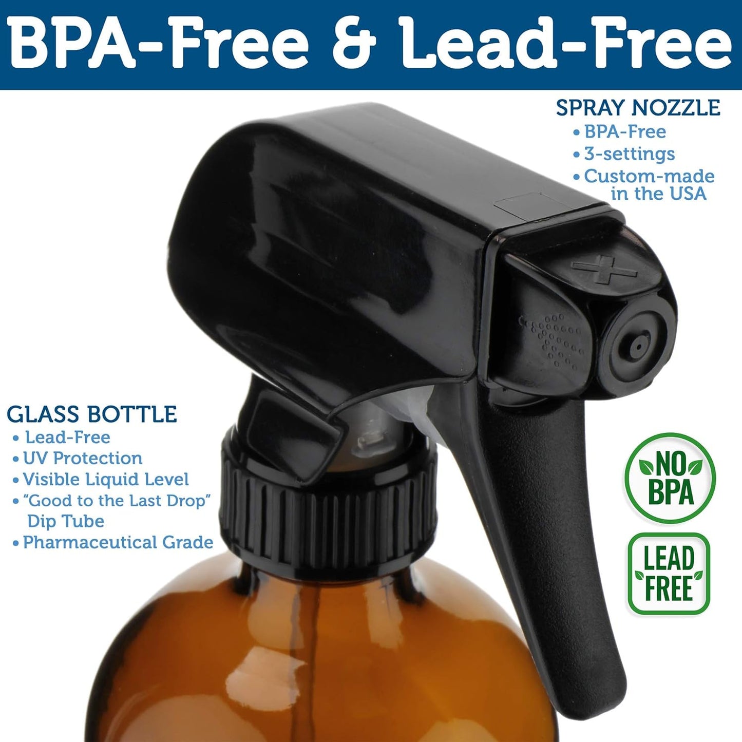 Empty Amber Glass Spray Bottles - 2 Pack - Large 16oz Refillable Bottle for is Great for Essential Oils, Plants, Cleaning Solutions, Hair - Durable Nozzle - Fine Mist/Stream Setting
