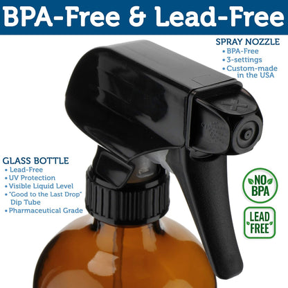 Empty Amber Glass Spray Bottles - 2 Pack - Large 16oz Refillable Bottle for is Great for Essential Oils, Plants, Cleaning Solutions, Hair - Durable Nozzle - Fine Mist/Stream Setting