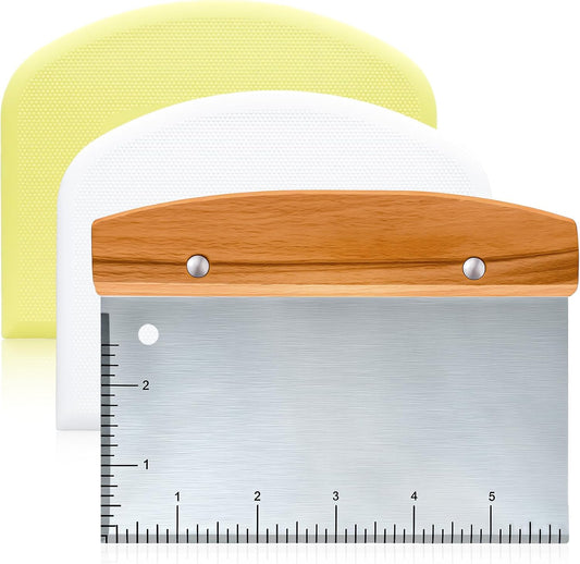 Versatile Bench Scraper with Wood Handle, Premium Stainless Steel Dough Scraper Cutter with 2 PCS Flexible Bowl Scraper for Pastry Bread Pizza, Kitchen Scraper Tool for Flat Top Griddle