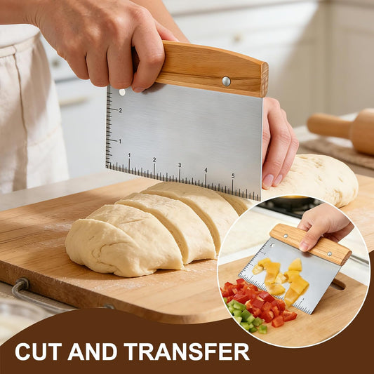 Versatile Bench Scraper with Wood Handle, Premium Stainless Steel Dough Scraper Cutter with 2 PCS Flexible Bowl Scraper for Pastry Bread Pizza, Kitchen Scraper Tool for Flat Top Griddle