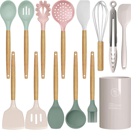 Silicone Cooking Utensils Kitchen Utensil Set - 446°F Heat Resistant Silicone Kitchen Utensils Set, Spatula,Turner Tongs, Spoon, Whisk,Kitchen Gadgets for Nonstick Cookware, BPA Free (Gray)