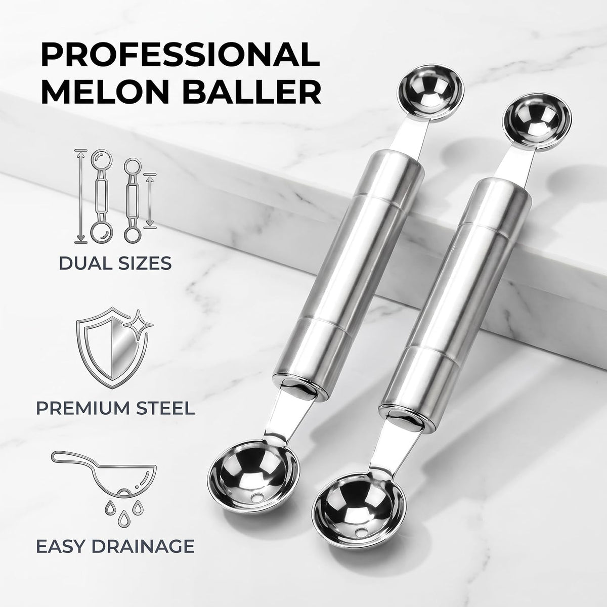 2 Pcs Double Ended Headed Fruit Icecream Ball Spoon Melon Baller Parisienne Scoop Smooth Round Melon Balls Melon Scoop for Watermelon/Ice 30mm Melon Ballers