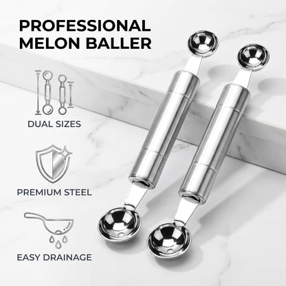 2 Pcs Double Ended Headed Fruit Icecream Ball Spoon Melon Baller Parisienne Scoop Smooth Round Melon Balls Melon Scoop for Watermelon/Ice 30mm Melon Ballers