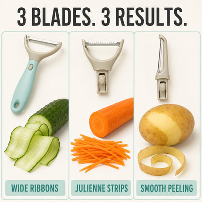 3 Piece Peeler Set - Stainless Steel Trio Vegetable and Fruit Peeler - Interchangeable Multifunctional Cutter Slicer - Julienne Cut, Shredder, Peelers - Home Kitchen Gadgets